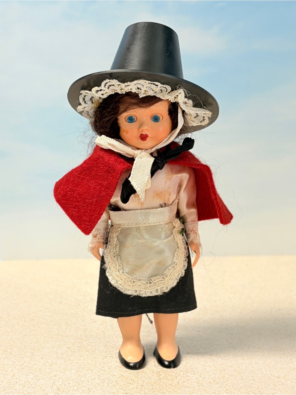 Vintage Welsh Lady Souvenir Doll Traditional Costume Black Hat Red Shawl Wales